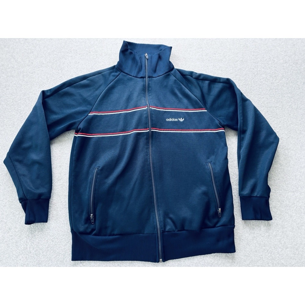 Vintage 80s ADIDAS Trefoil Navy Blue Full Zip Track Jacket - Men's Medium